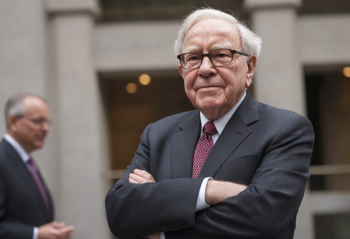 Warren Buffett egy tőzsde előtt, keresztbetett kézzel.