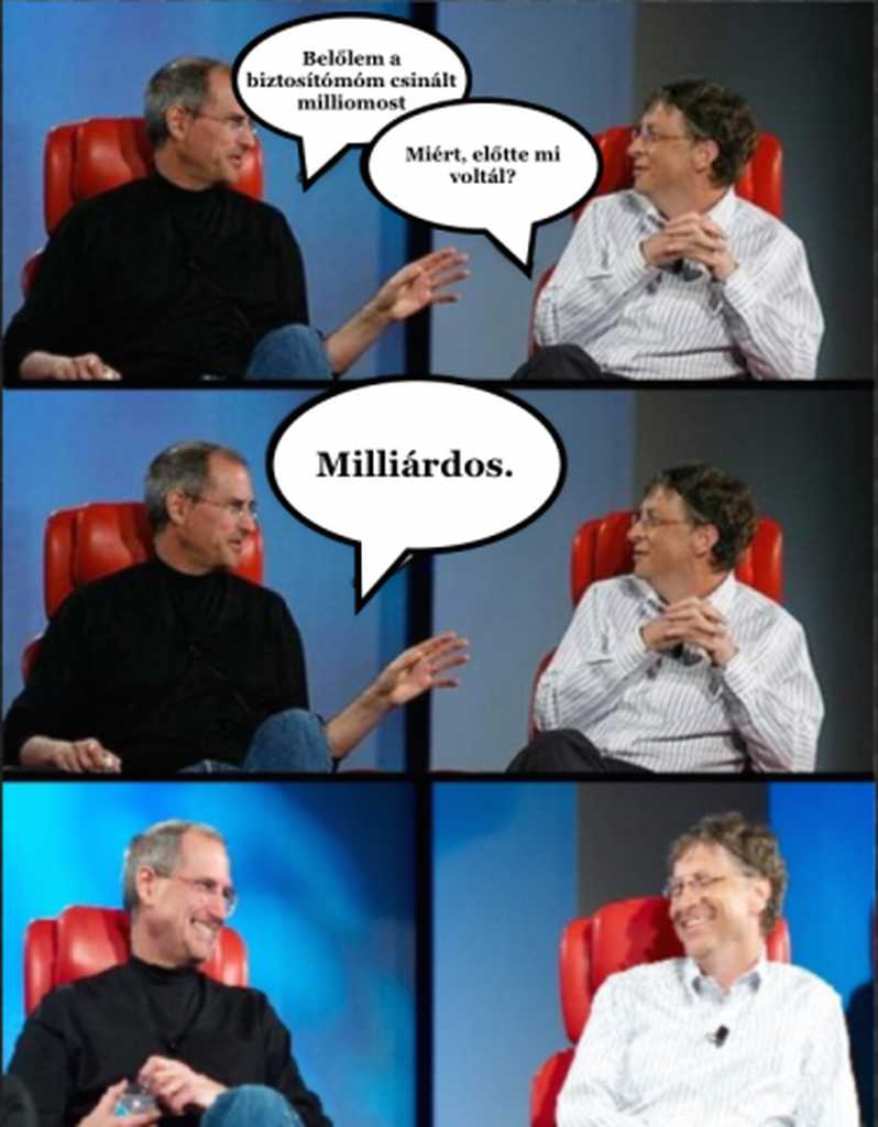 Bill Gates és Steve Jobs beszélget, vicces felirat a képen.